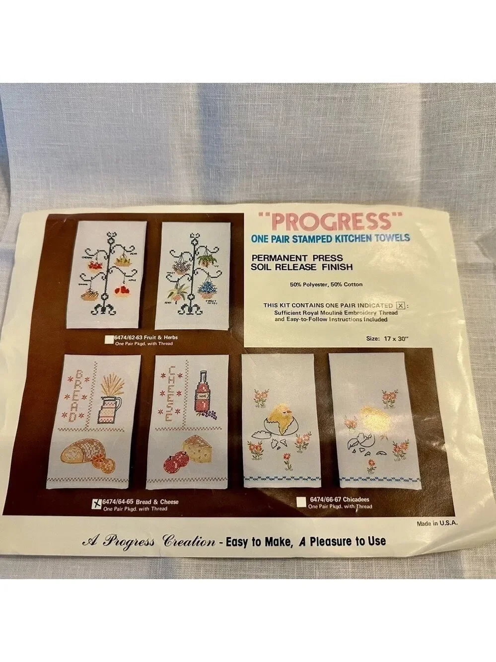 Vintage, Progress, one pair Stamped Kitchen Towels, 17x30”, + Embroidery Thread